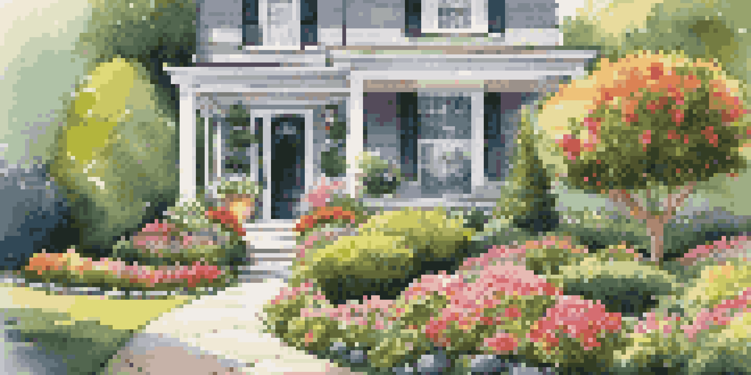 A vibrant front yard with colorful flowers and a well-kept lawn leading to a welcoming home with a porch and potted plants.