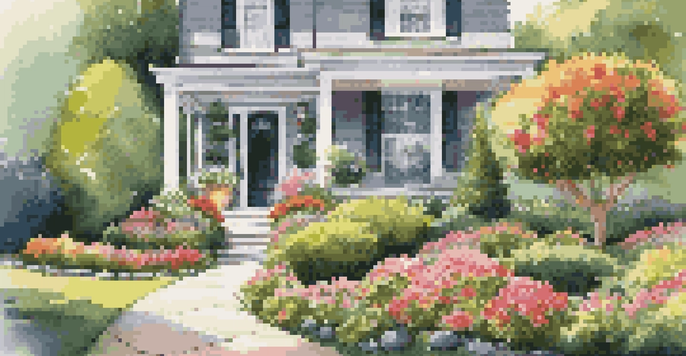 A vibrant front yard with colorful flowers and a well-kept lawn leading to a welcoming home with a porch and potted plants.