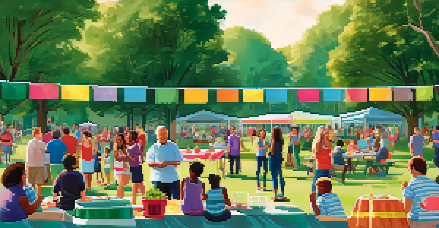 Residents of a diverse community enjoying a lively event in a park, with food and games set up around them.