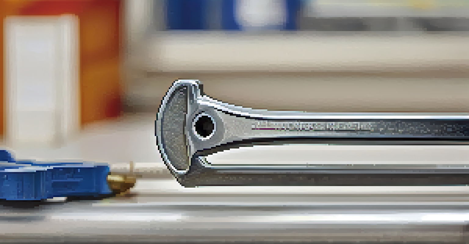 Close-up of an adjustable wrench gripping a pipe with Teflon tape wrapped around it.
