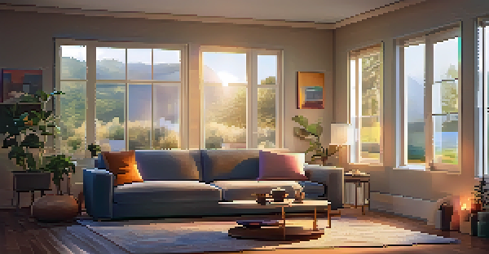A cozy modern living room with a family enjoying music, featuring smart lighting and a smart speaker.