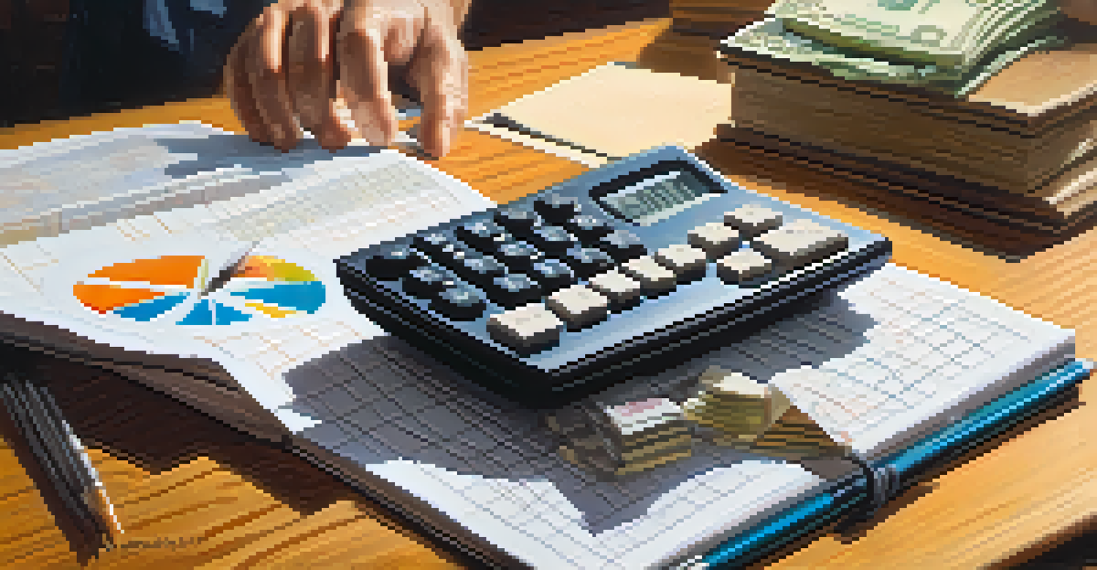 A hand holding a calculator with a notebook filled with graphs in the background.