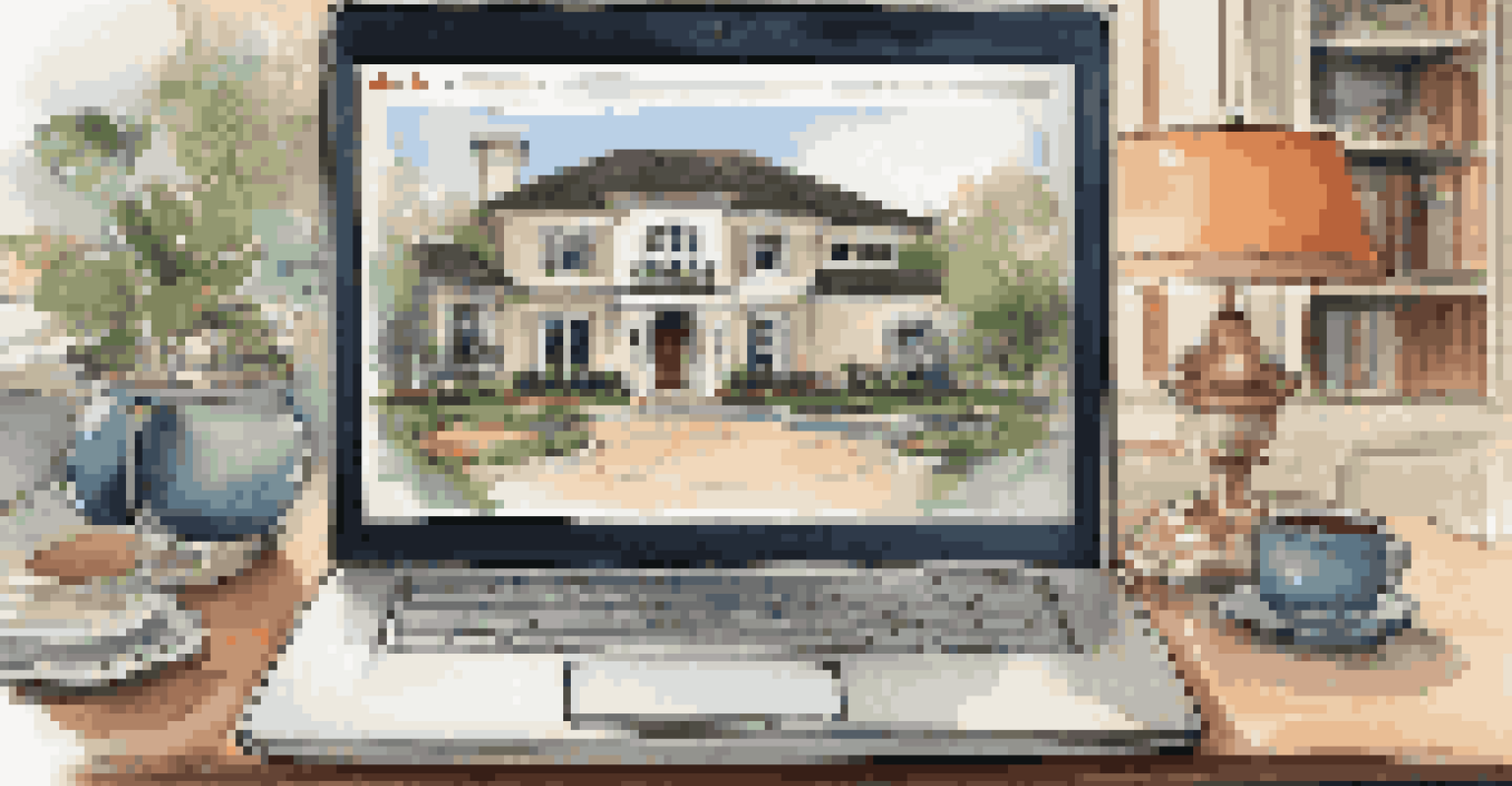 A close-up of a laptop showing a virtual tour interface of a luxury home, placed on a stylish desk with decor items.