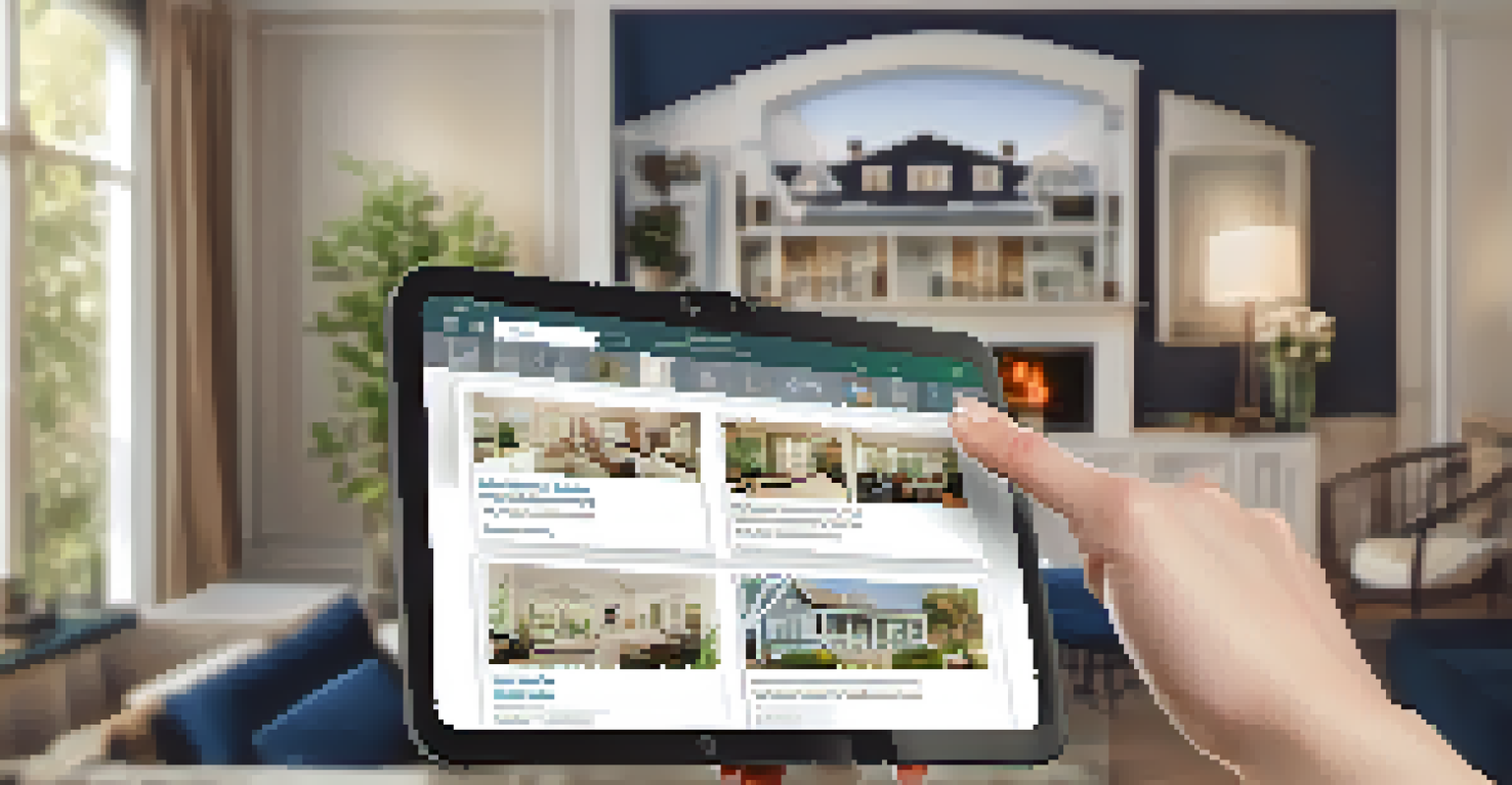 A close-up of a real estate agent's hands holding a tablet showing property listings in a cozy living room.