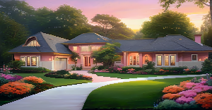 A modern home surrounded by green trees and colorful flowers during sunset, with a manicured lawn and a pathway.