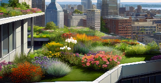 A green roof garden filled with colorful flowers and grasses on a modern building, with butterflies and a city skyline in the background.