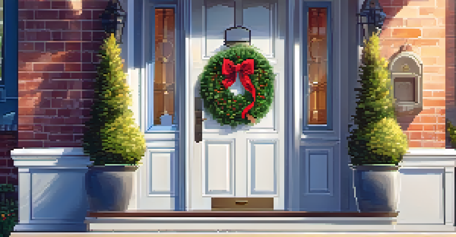 A modern front door with a smart lock and keypad, featuring a smartphone and a decorative wreath.