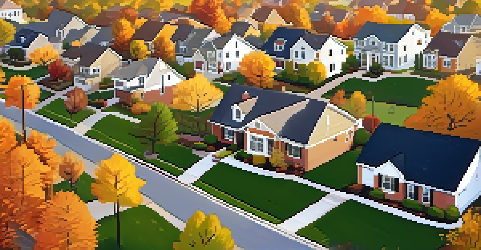 An aerial view of a suburban neighborhood in autumn with vibrant trees and houses.