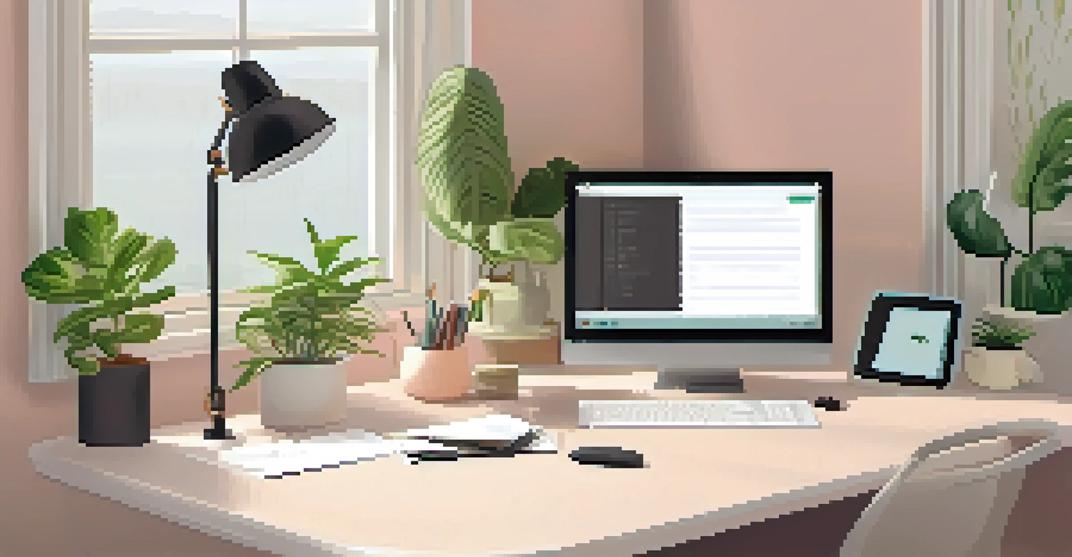 A tidy home office desk with a laptop, notebook, and desk lamp, surrounded by calming pastel wall colors and indoor plants.