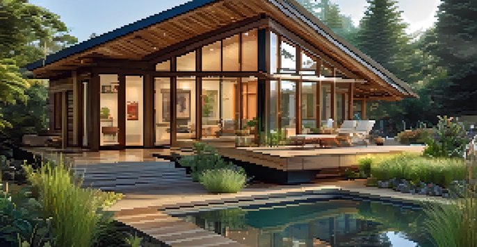 A sustainable home with solar panels and a garden, built with reclaimed wood and bamboo, illuminated by morning light.