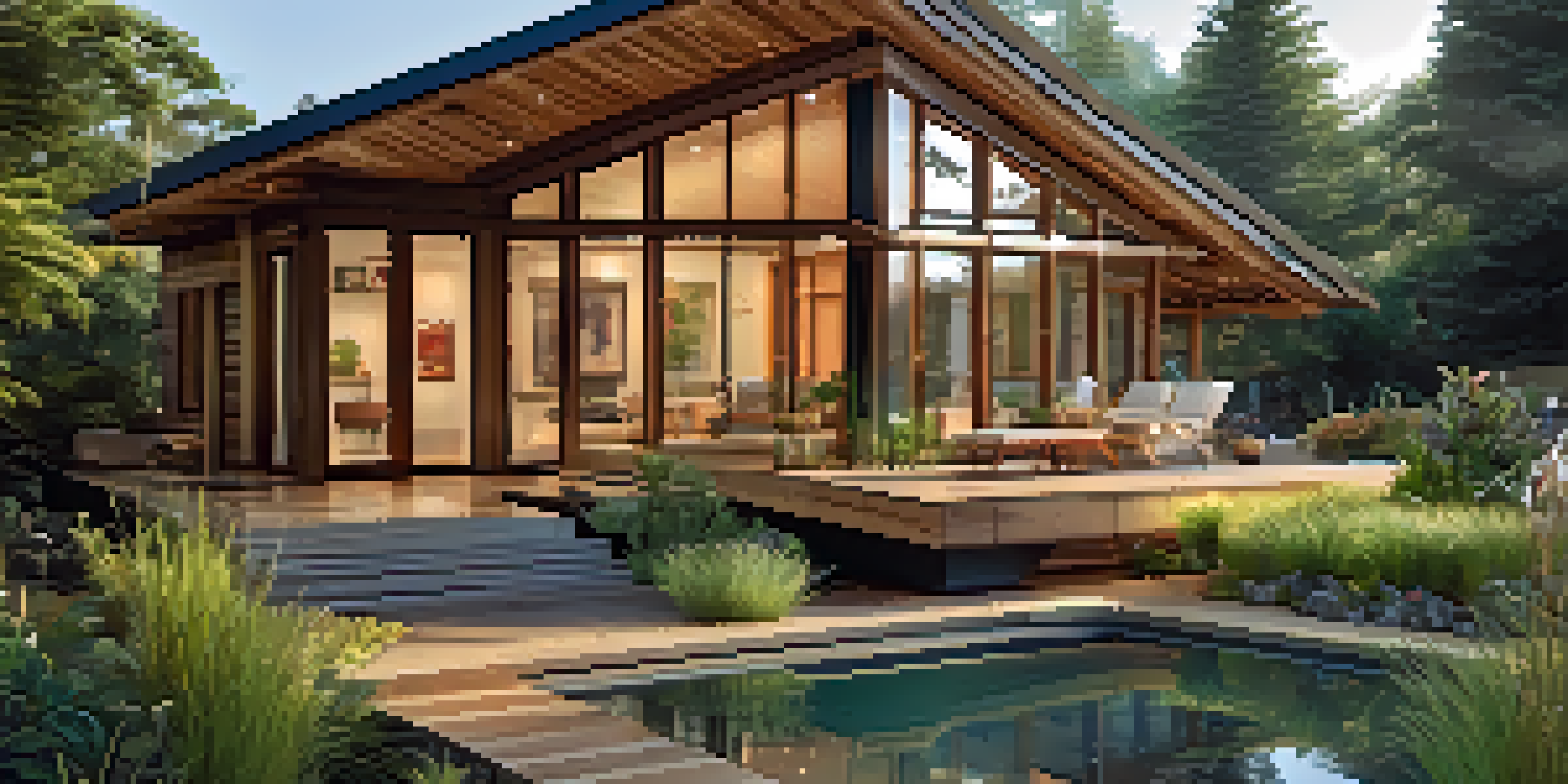 A sustainable home with solar panels and a garden, built with reclaimed wood and bamboo, illuminated by morning light.