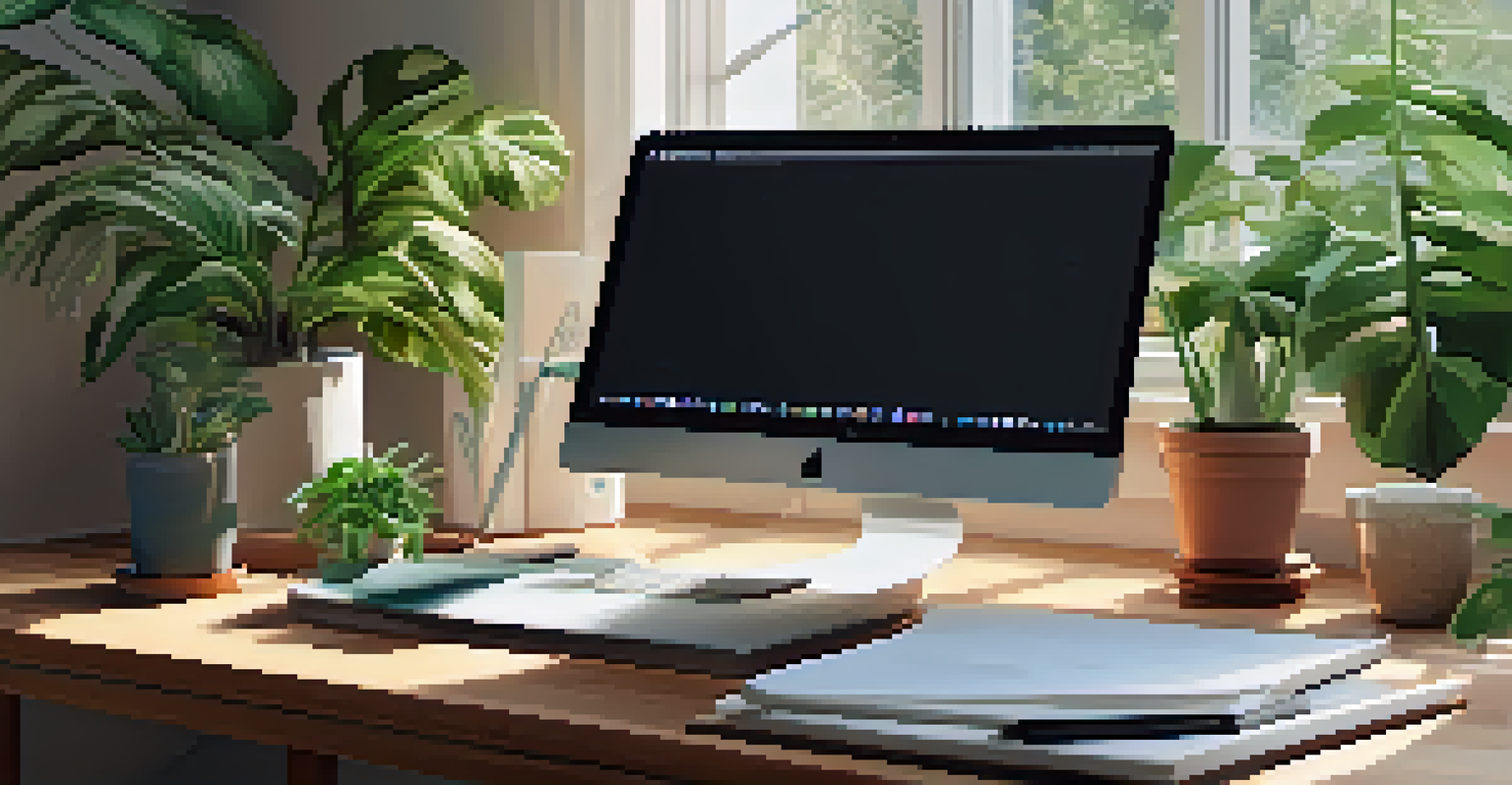 A peaceful home office with a desk, laptop, and thriving plants, illuminated by soft light from a nearby window.