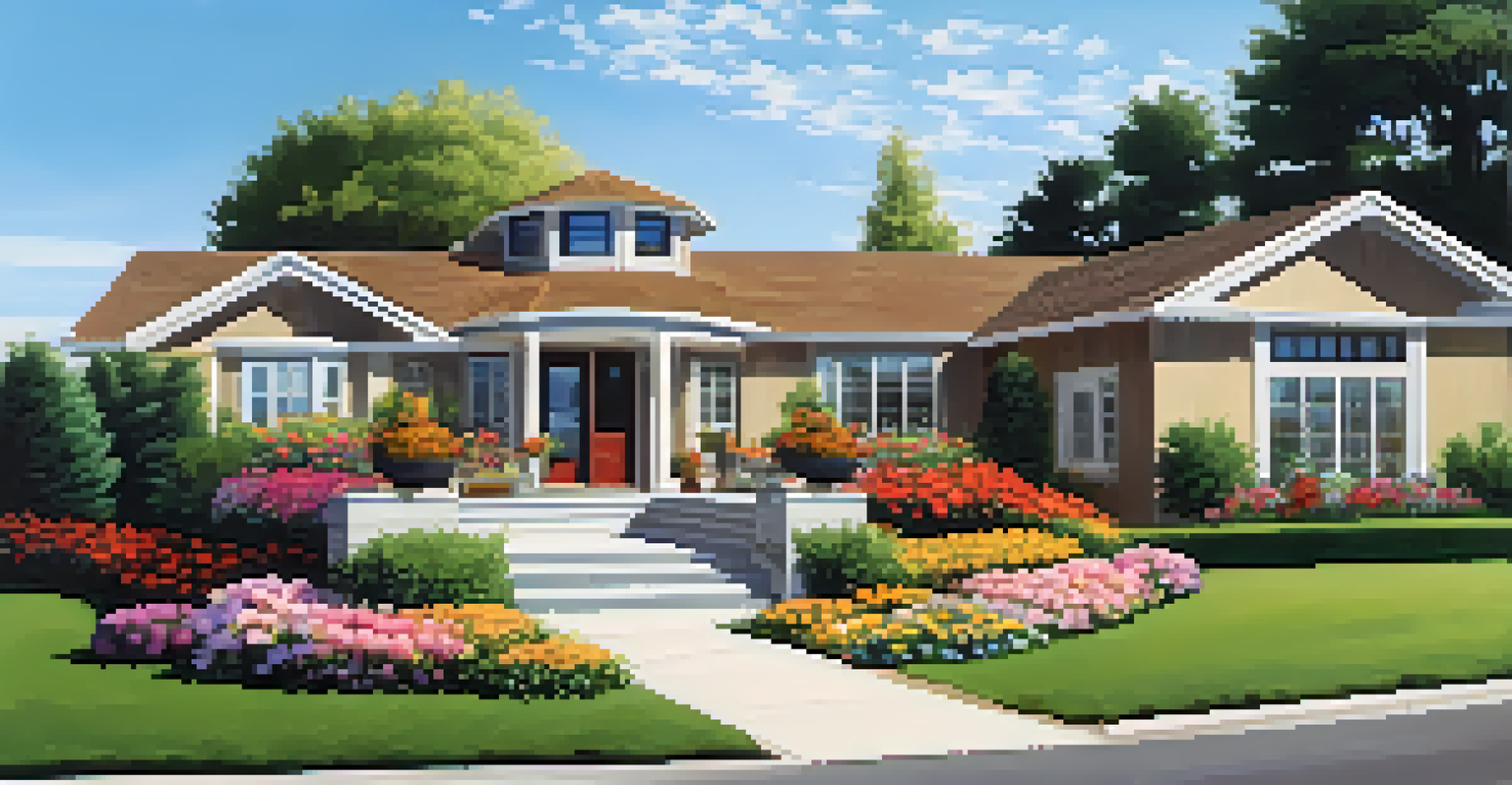 A charming house with a sturdy ramp leading to the entrance, surrounded by a vibrant garden, under a clear blue sky.