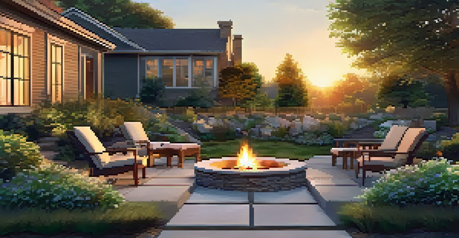 A tranquil backyard with a small garden, stone pathway, seating area, and fire pit, all illuminated by golden sunset light.