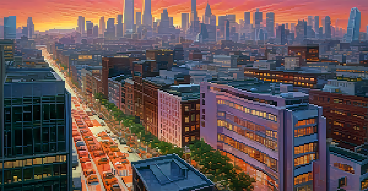 A vibrant city skyline at sunset, with a mix of skyscrapers and traditional buildings, reflecting orange and pink hues.