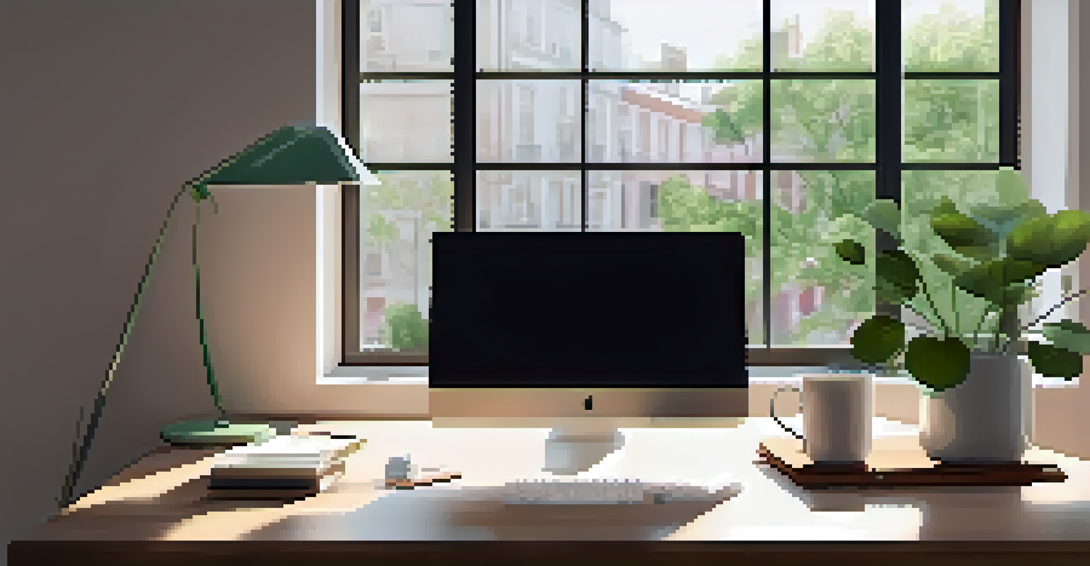 A minimalist workspace with a wooden desk, a laptop, and green plants on the windowsill, all illuminated by natural light from a large window.