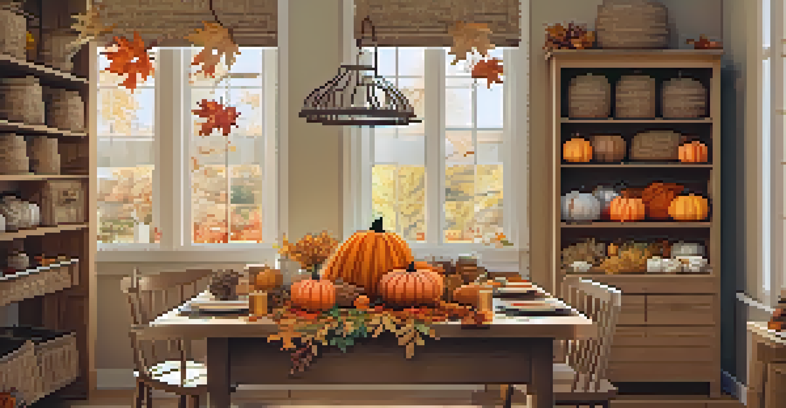 A warm and inviting autumn craft room featuring rustic decor and colorful autumn leaves, creating a cozy atmosphere.