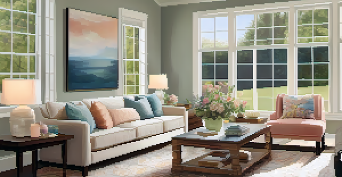 A welcoming living room in an open house, filled with natural light, fresh flowers, and comfortable furniture.