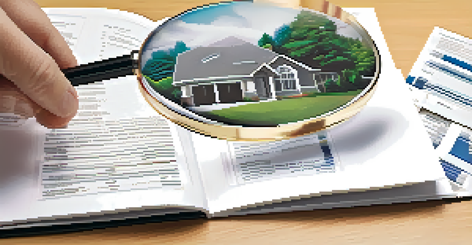A close-up view of a hand with a magnifying glass over a real estate brochure, surrounded by financial documents and a calculator.