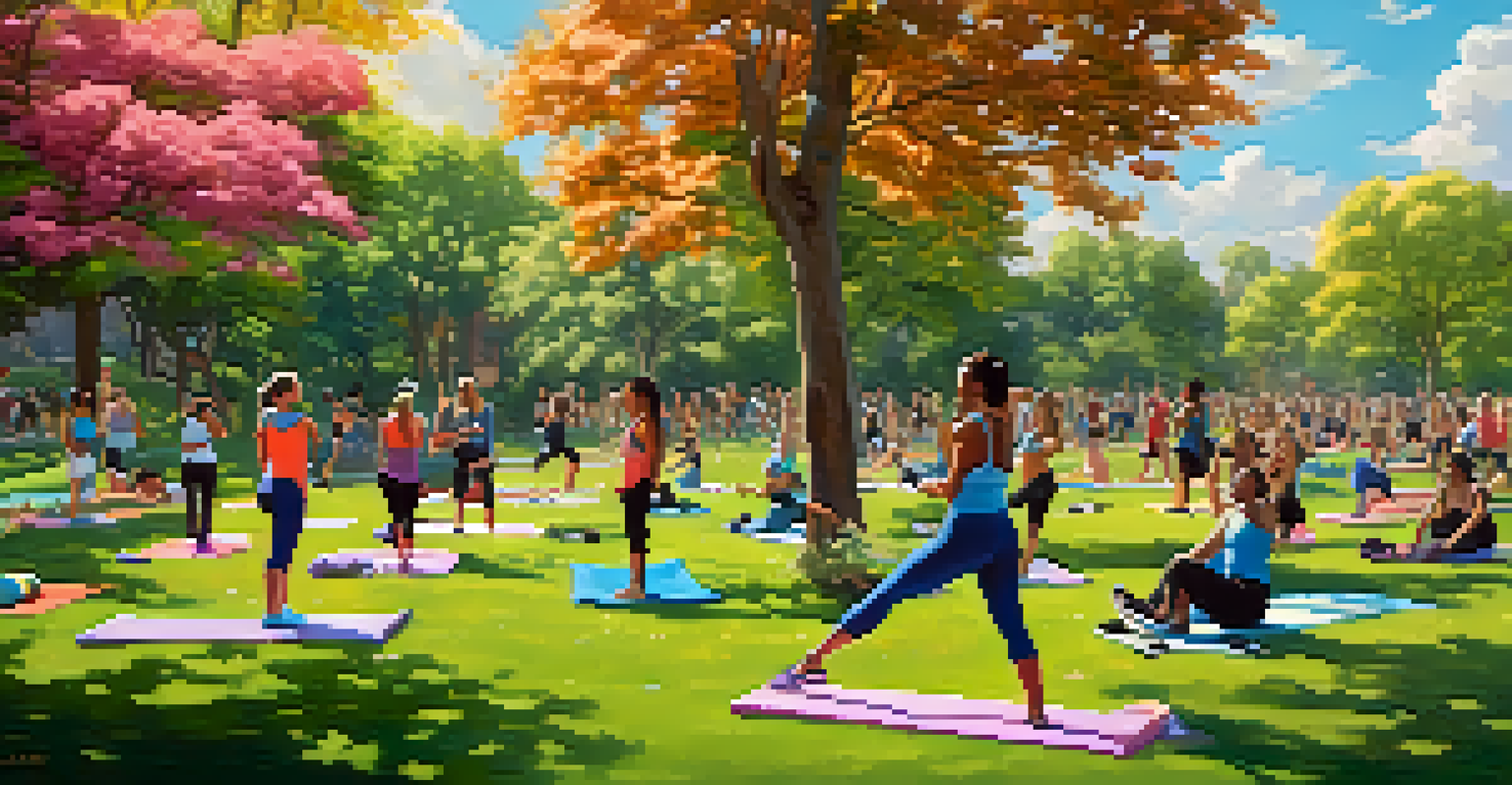 A diverse group of people participating in an outdoor fitness class in a vibrant park, surrounded by greenery and blue skies.
