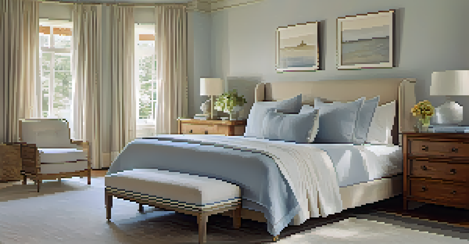 A tranquil bedroom featuring a large bed with neutral linens, a vintage dresser, and soft natural light.