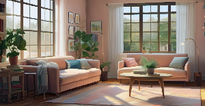 A cozy living room featuring a sofa, coffee table, and large windows with natural light.