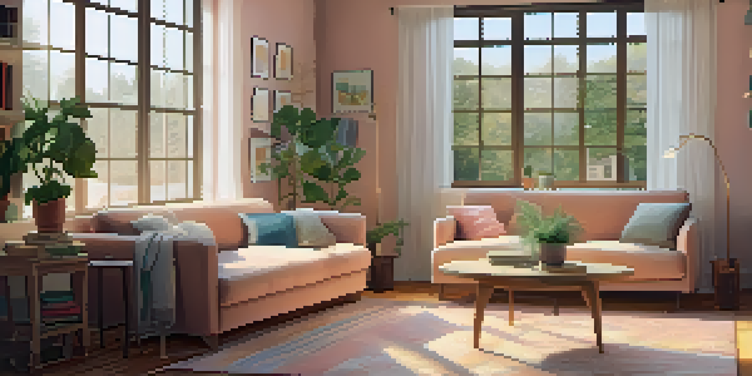 A cozy living room featuring a sofa, coffee table, and large windows with natural light.