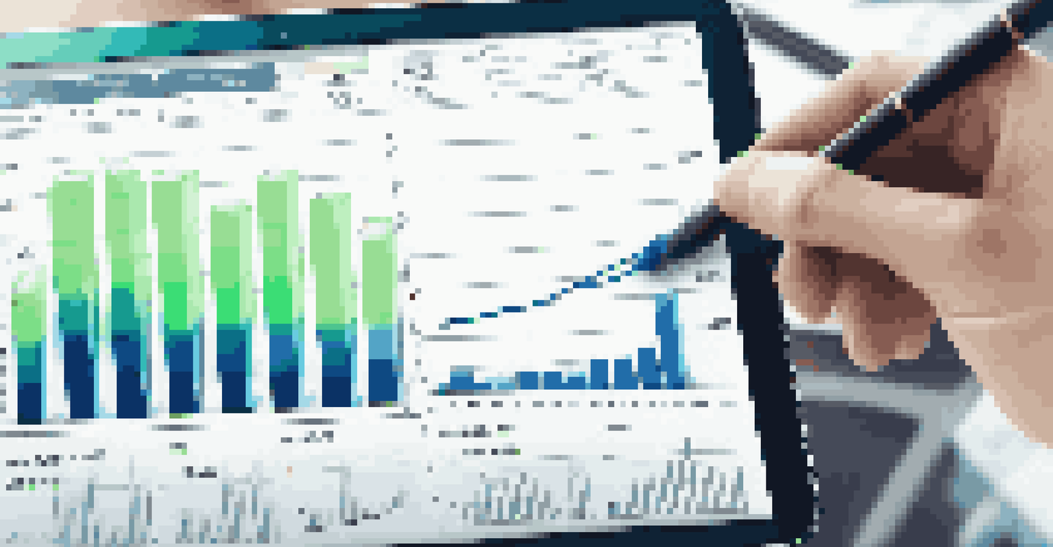 A close-up of a hand holding a tablet displaying financial data in a bright office setting.