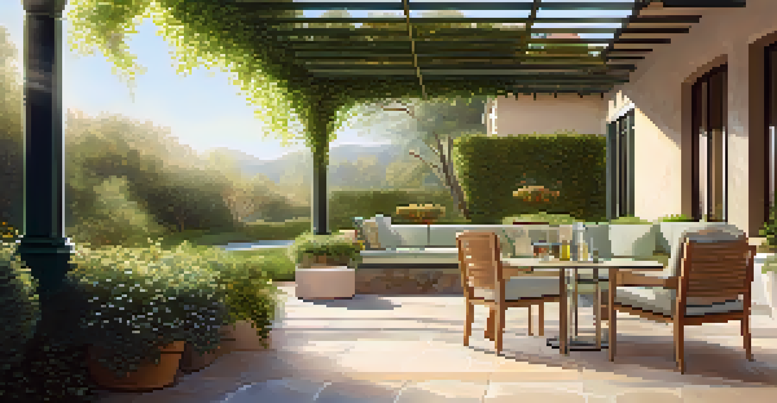 A peaceful outdoor patio with stone flooring, seating, and sunlight filtering through the trees, creating a relaxing atmosphere.