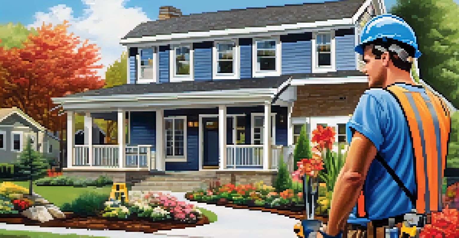 A contractor and homeowner discussing project details in front of a house.