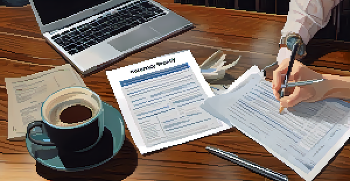 A close-up of a homeowner reviewing insurance documents on a wooden table with a cup of coffee.