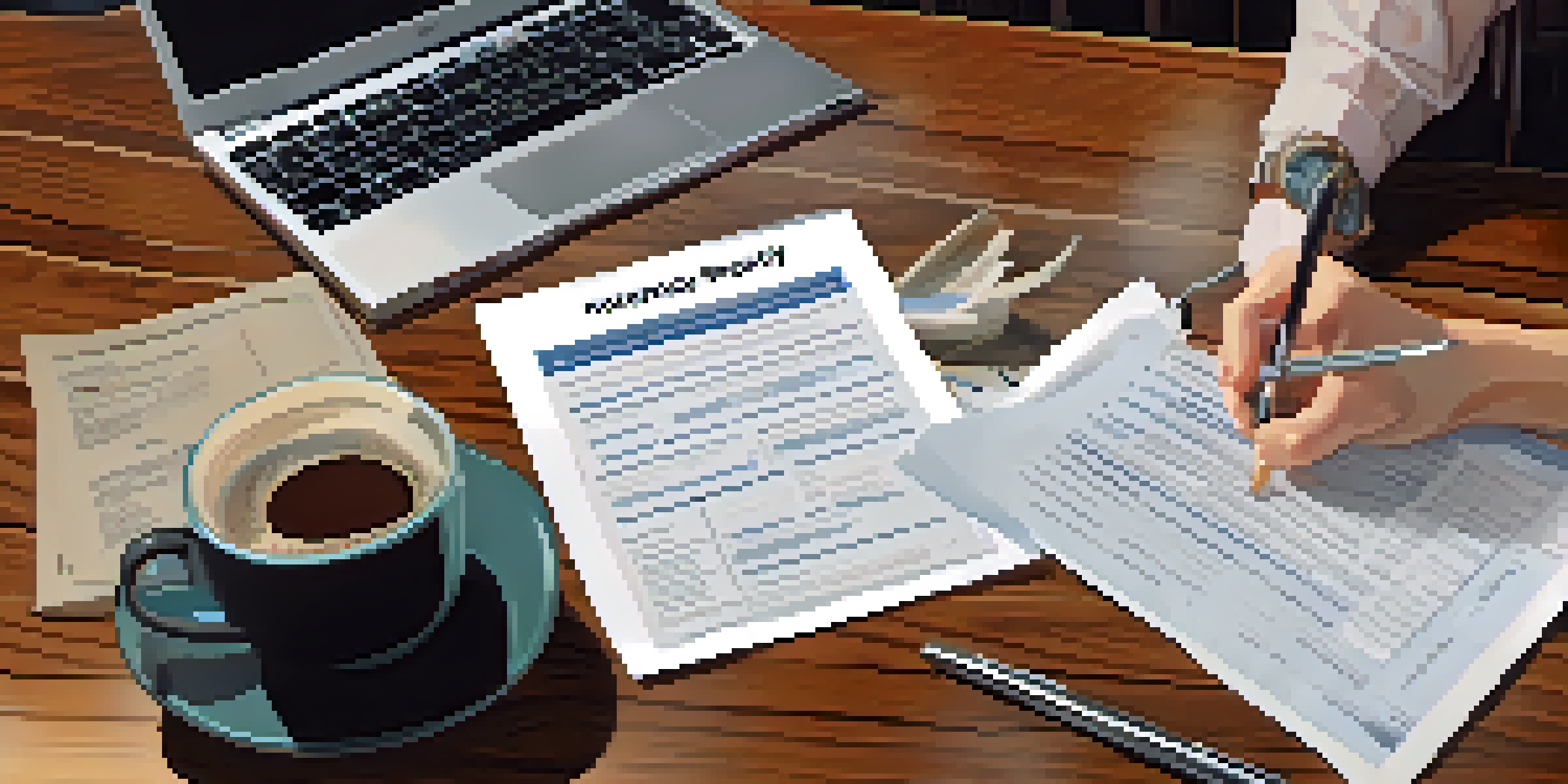 A close-up of a homeowner reviewing insurance documents on a wooden table with a cup of coffee.