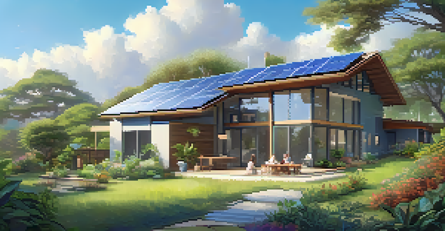 An eco-friendly home with solar panels and a lush garden, elevated for flood resistance under a sunny sky.