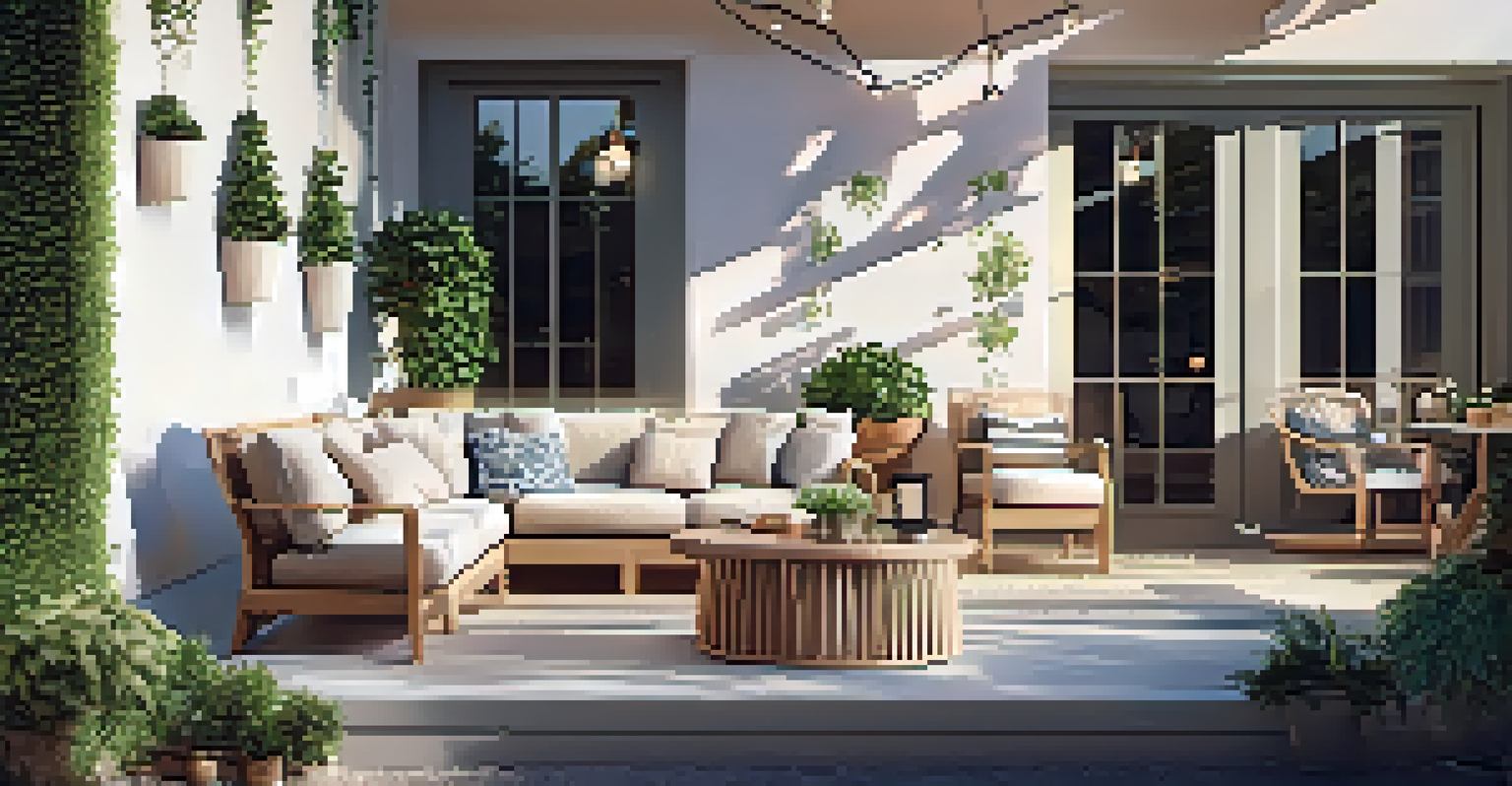 An inviting outdoor patio with stylish furniture, potted plants, and decorative lights, all bathed in warm sunlight, creating a cozy atmosphere.