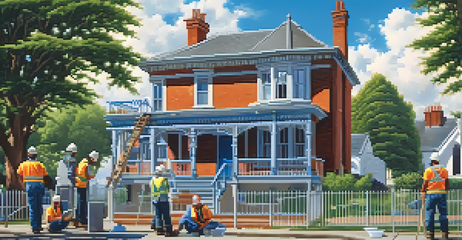 A house with scaffolding and workers renovating, while an inspector reviews plans on the ground under a blue sky.