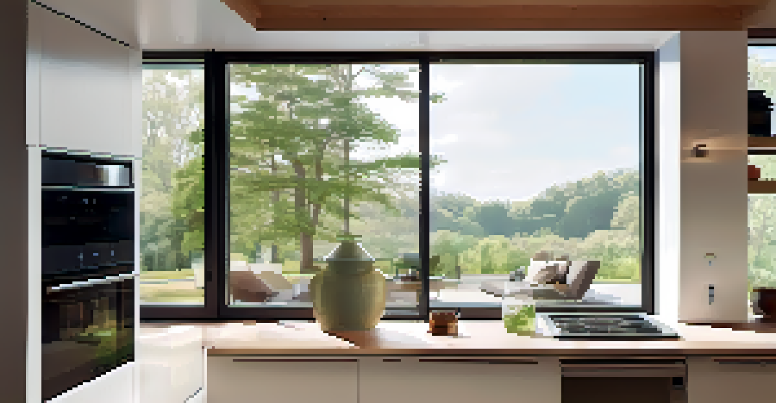 Close-up of energy-efficient upgrades including a window, appliances, and a thermostat, in a well-lit setting.