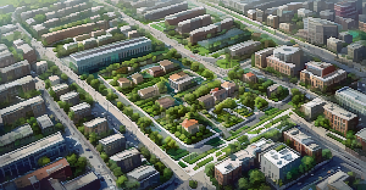 An aerial view of an urban area showing distinct residential, commercial, and mixed-use zones with green spaces, parks, and schools.