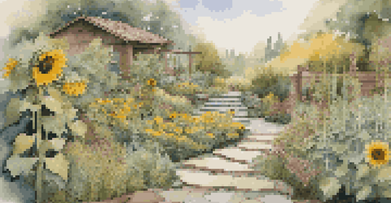 A beautifully layered garden with sunflowers, winding paths, and natural materials, illuminated by evening light.