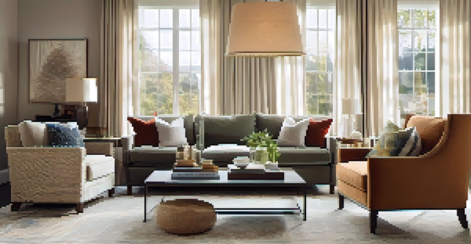 A cozy living room with a plush area rug, contemporary sofa, and warm lighting.