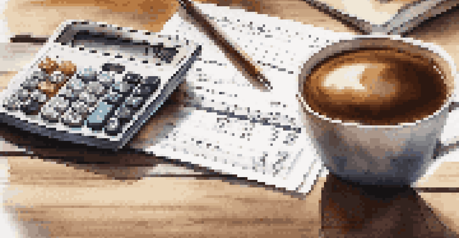 A close-up of a hand calculating mortgage costs with a document and coffee on a table.