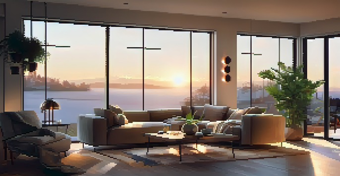 A warm and inviting living room with LED lighting, showcasing a sofa, coffee table, and plants, with a sunset view through a window.