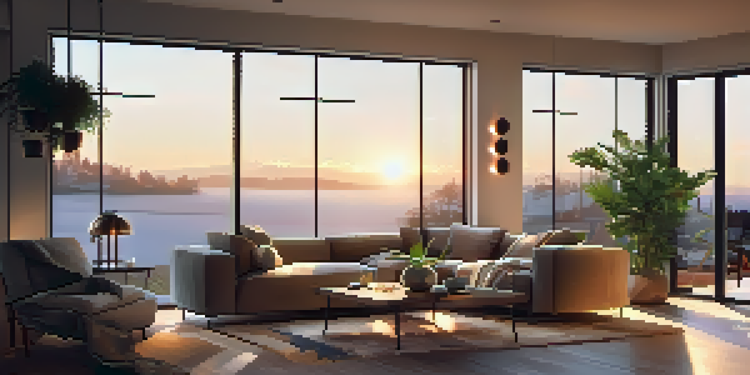 A warm and inviting living room with LED lighting, showcasing a sofa, coffee table, and plants, with a sunset view through a window.