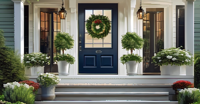 A peaceful outdoor entrance with a clean pathway, potted plants, and a wreath, illuminated by morning light.