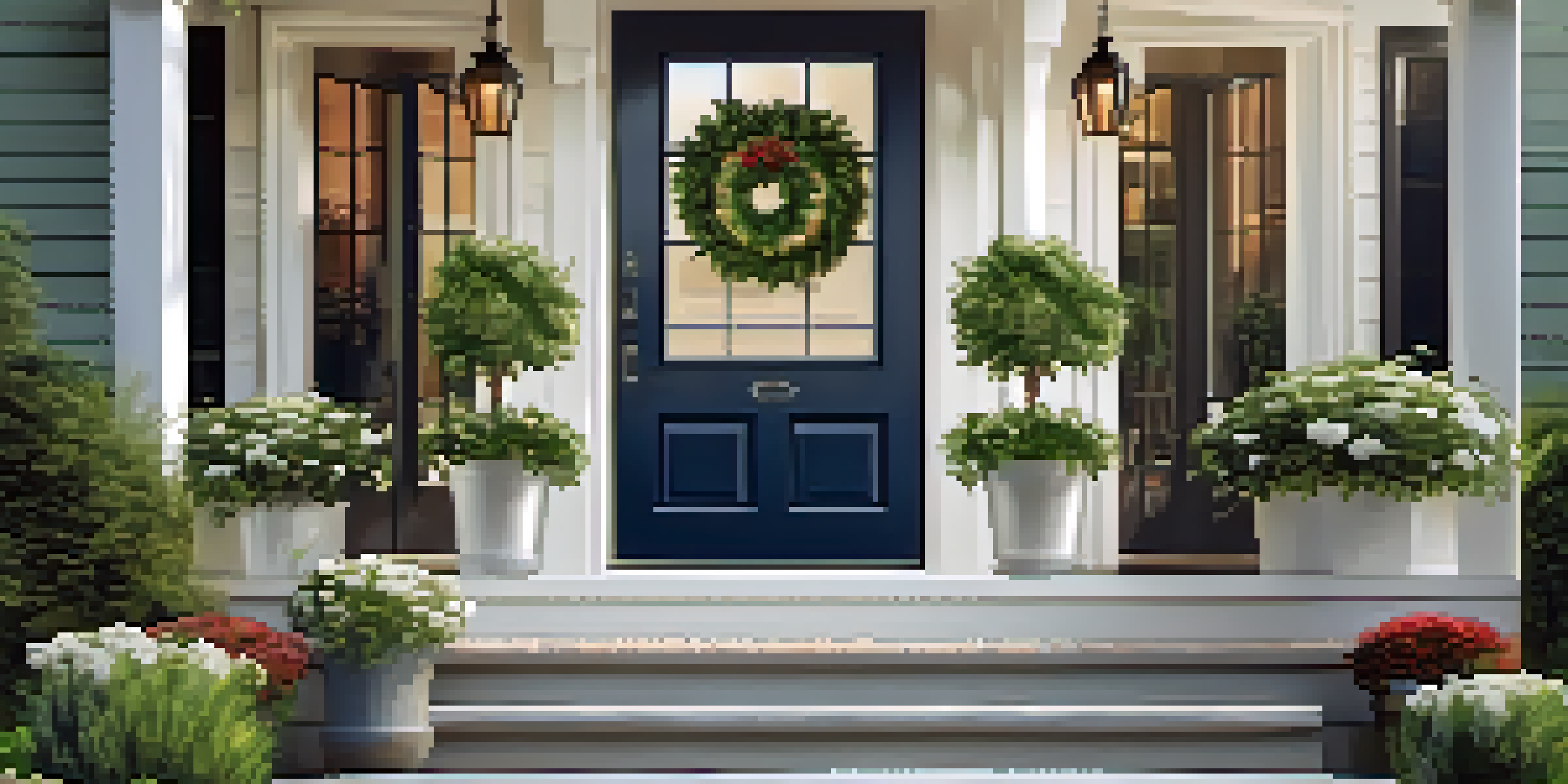 A peaceful outdoor entrance with a clean pathway, potted plants, and a wreath, illuminated by morning light.