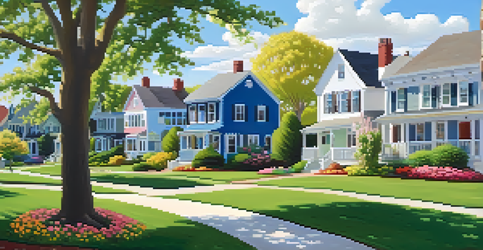 A calm suburban street lined with houses and blooming flowers under a sunny blue sky.