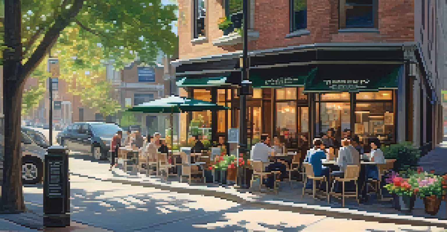 A charming street corner with a café and outdoor seating, surrounded by flowers and sunlight filtering through trees.
