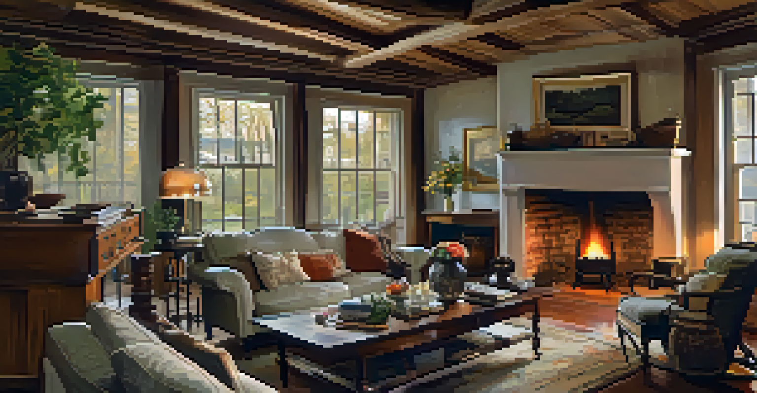 An interior view of a cozy living room in a historic home with vintage furnishings and a fireplace.