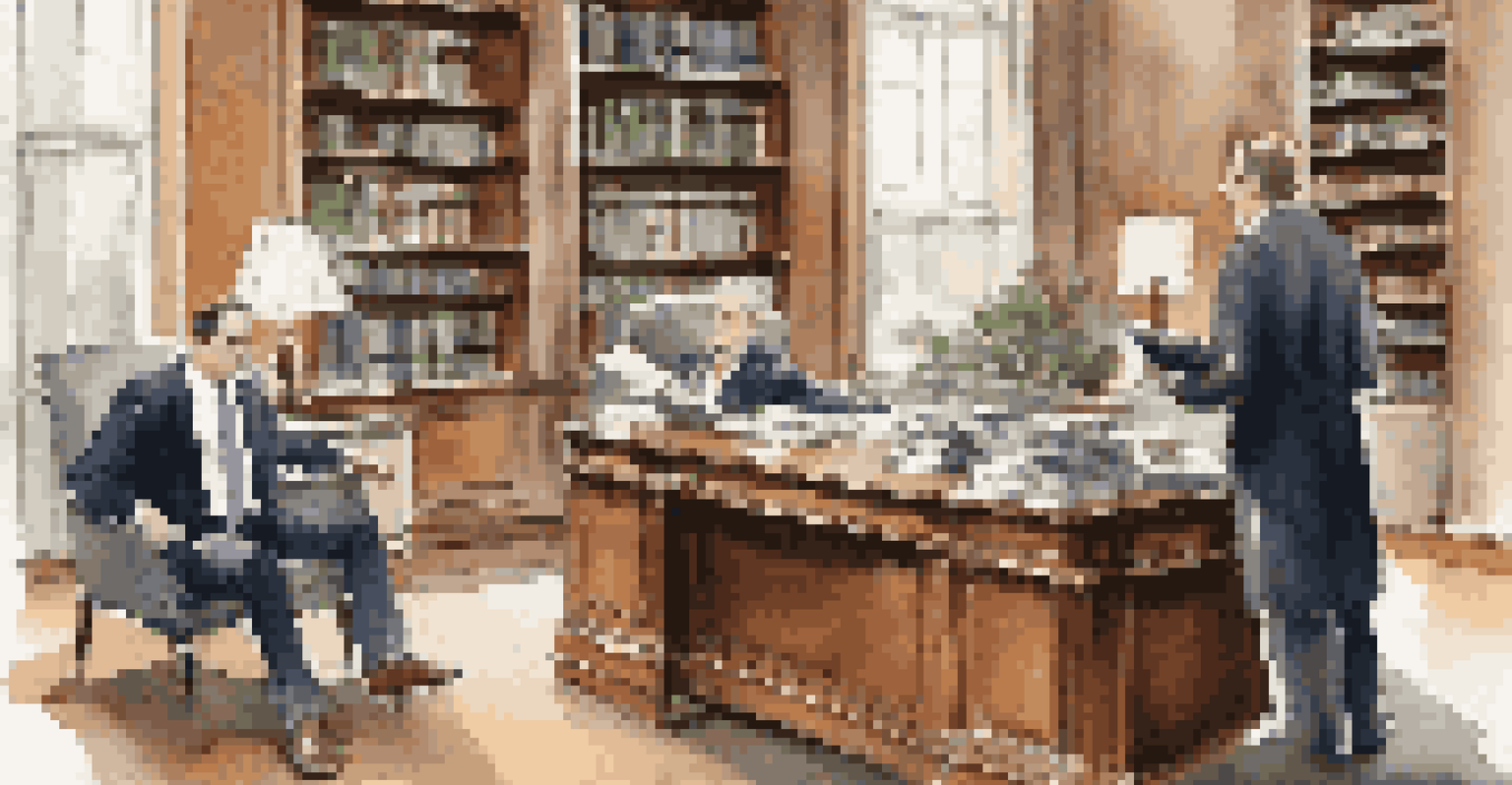 A real estate attorney consulting with a client in an office, reviewing documents.