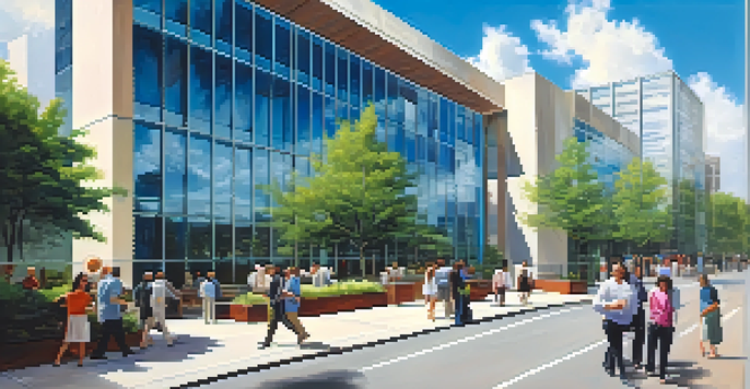 A contemporary office building made of glass, showcasing the city skyline and surrounded by trees and pedestrians on a sunny day.