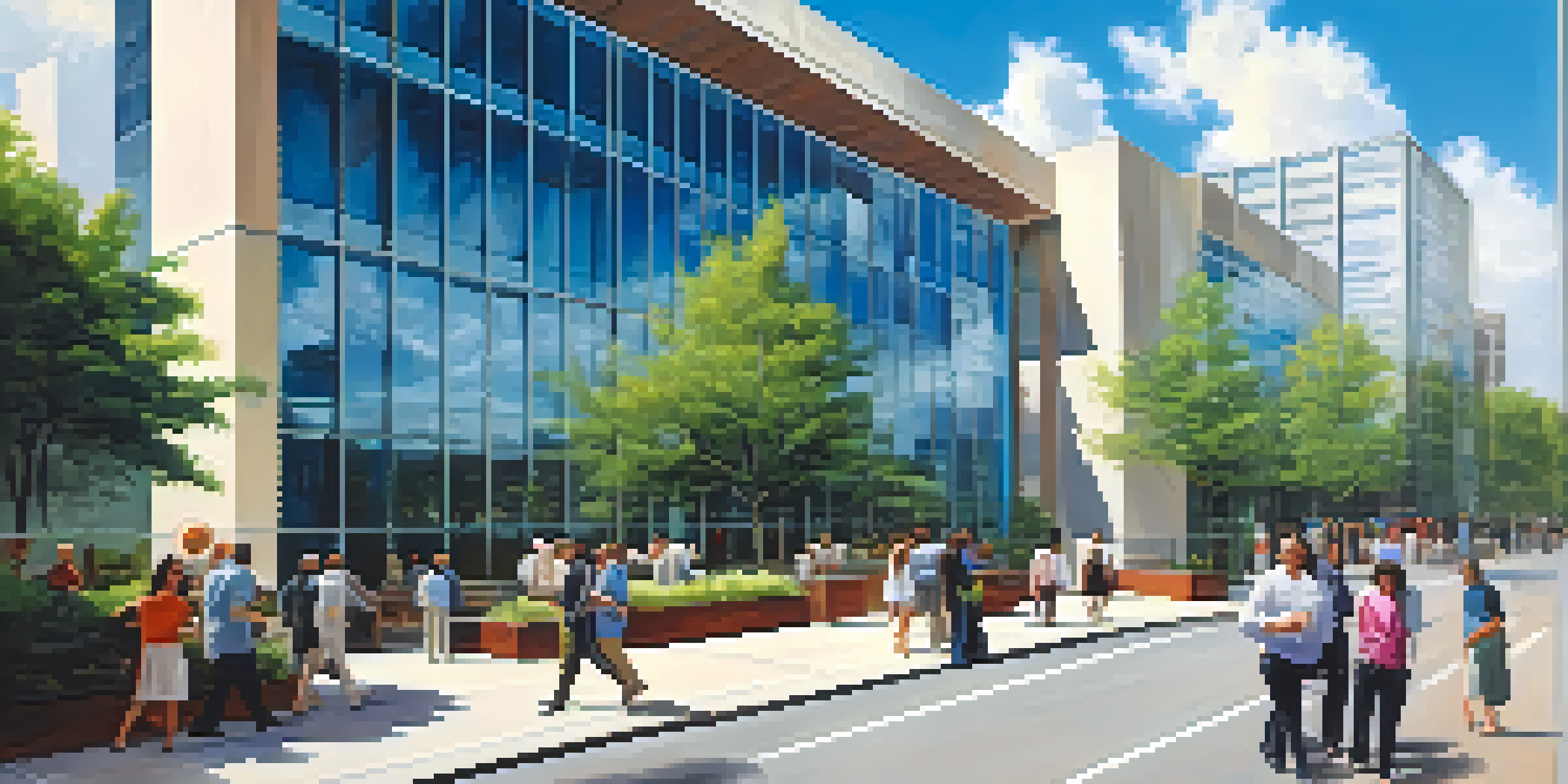 A contemporary office building made of glass, showcasing the city skyline and surrounded by trees and pedestrians on a sunny day.